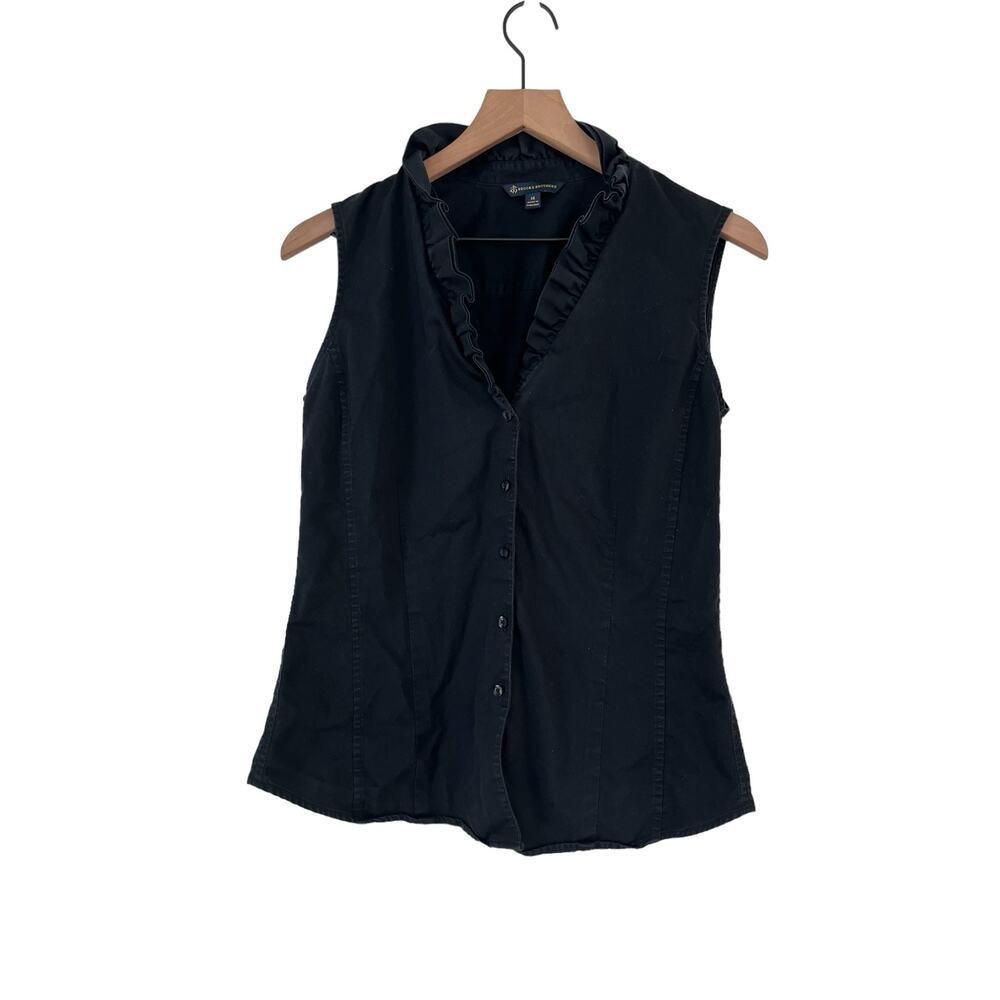 Brooks Brothers Black Ruffle Button Front Sleeveless Blouse Black Size 14